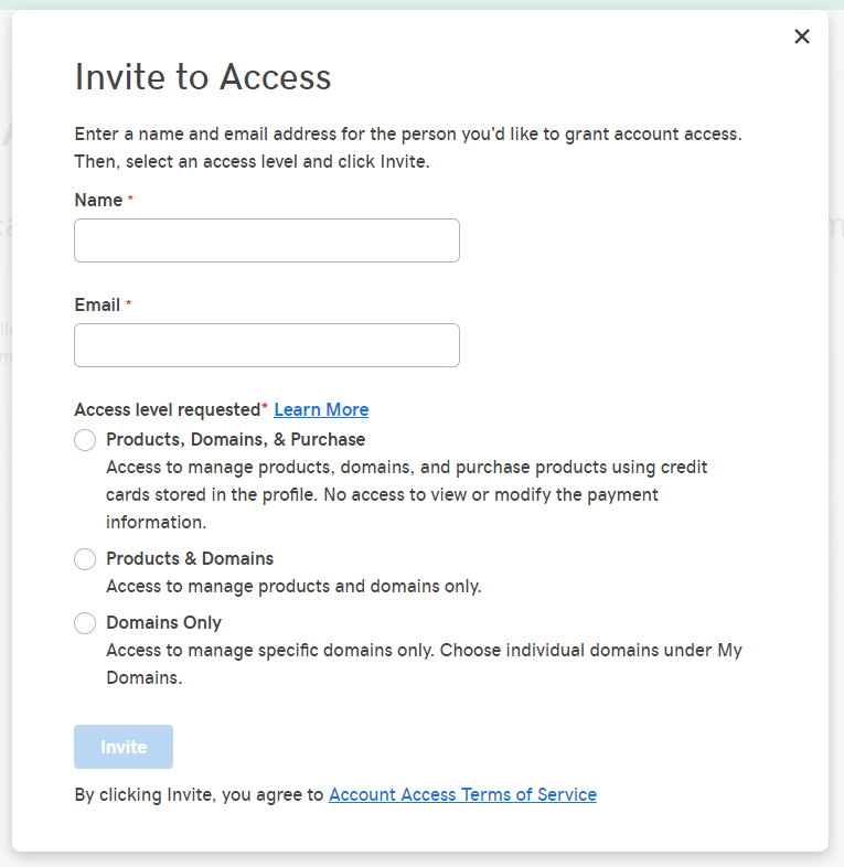Delegation box on GoDaddy.com to enter a delegate's name and email address