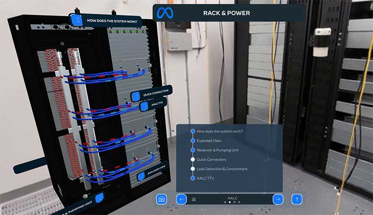 An app from Meta provides a 3D experience of its new data center designs, including its Air-Assisted Liquid Cooling (AALC) implementation. (Image: Meta)