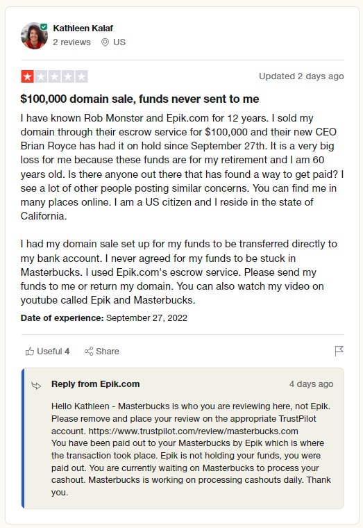 TrustPilot review of Epik