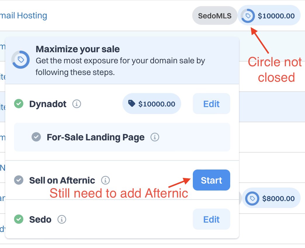 Dynadot “Aftermarket Indicator” shows where domains are listed